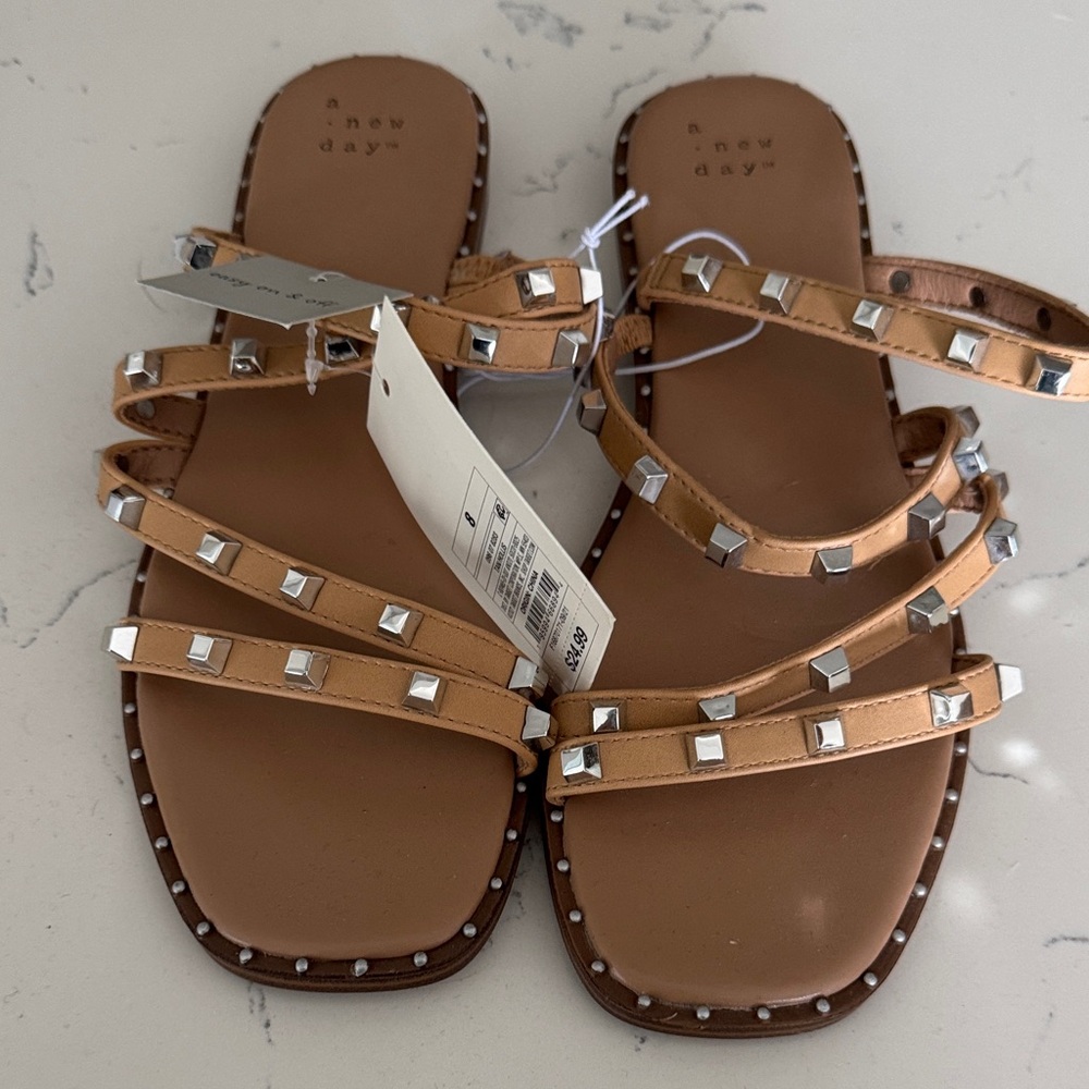 a new day Tan Pyramid Stud Strappy Flat Sandals